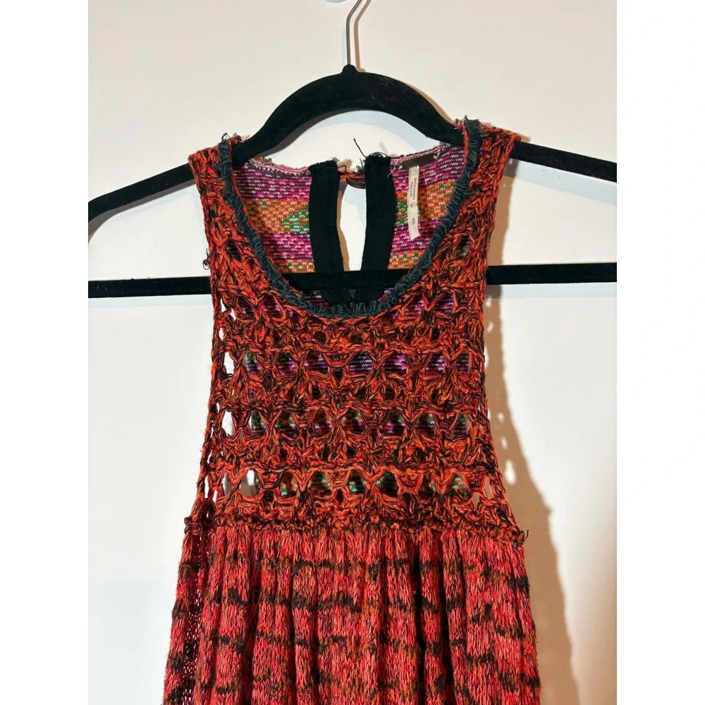 Free People Red Multi Knit Sleeveless Boho Mini Dress Small Racerback OB418858